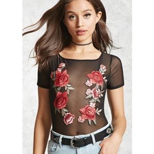 Black mesh with rose detail T-shirt
